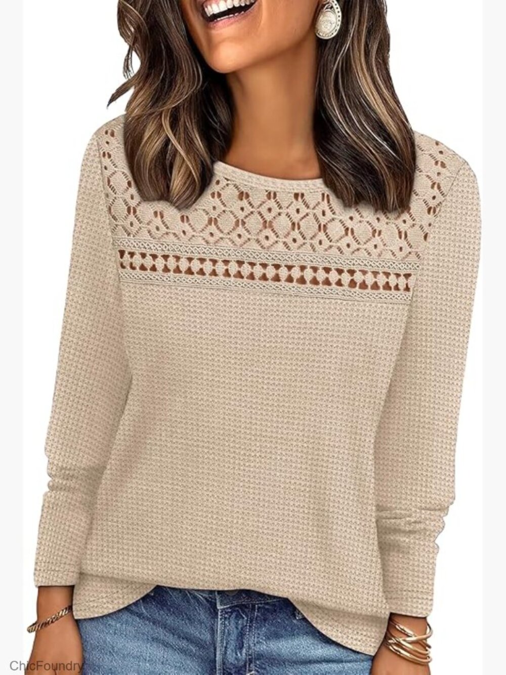 Lace Long Sleeve Blouse Waffle Knit Pullover Business Casual Top